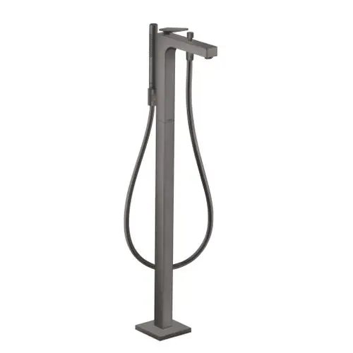 Bodenstehender Mischbatterie in brushed black chrome mit Kopf- und Handbrause. Design von AXOR, klare Linien und funktionale Form.